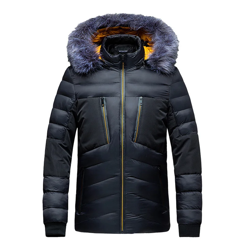

Men's Hooded Winter Warm Jacket Detachable Fur Collar Stitching Color Windproof Down Padded Cotton Coat Male
