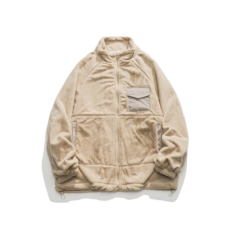 LUCLESAM Men's Lamb Wool Coats Stitching Stand Collar Loose Cotton Jackets Autumn and Winter New Male Casual Warm Down Jacket