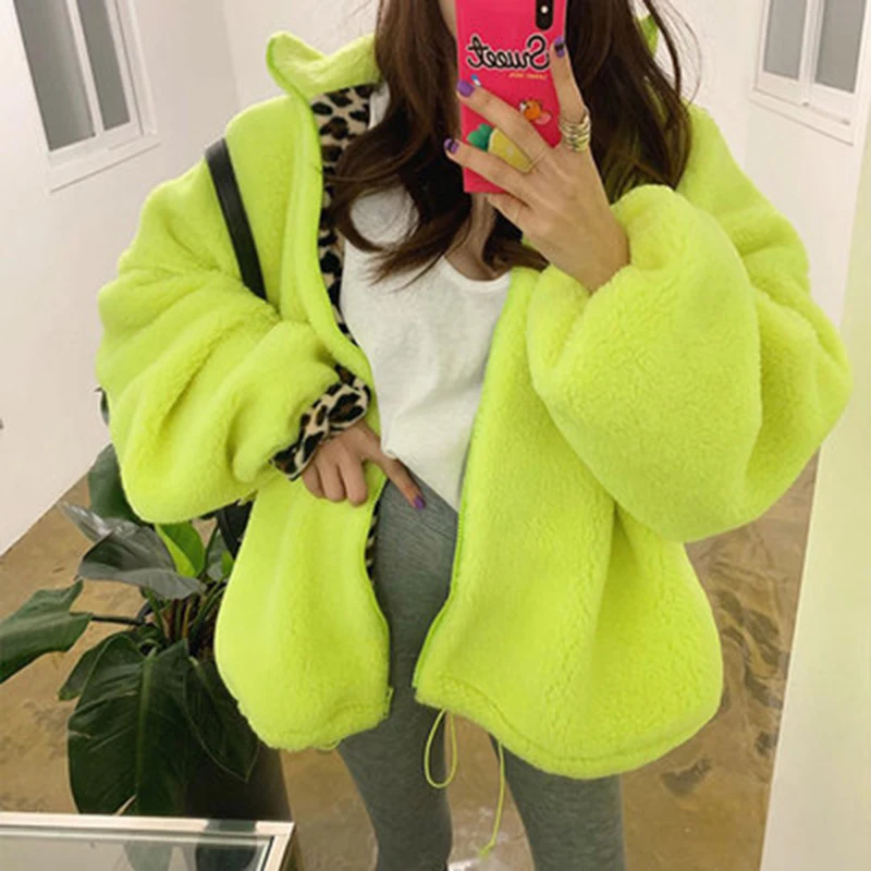 2023 Winter Fur Coat Patchwork Leopard Turn-down Collar Coats Oversized Neon Green Faux Fur Woolen Warm Women Jacket Streetwear