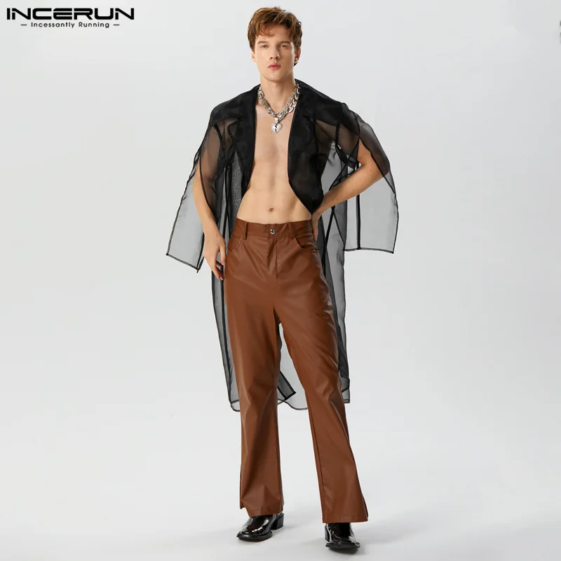 

Men Trench Solid Color Lapel Long Sleeve Mesh Long Style Coats Streetwear 2023 Transparent Split Casual Male Jackets INCERUN