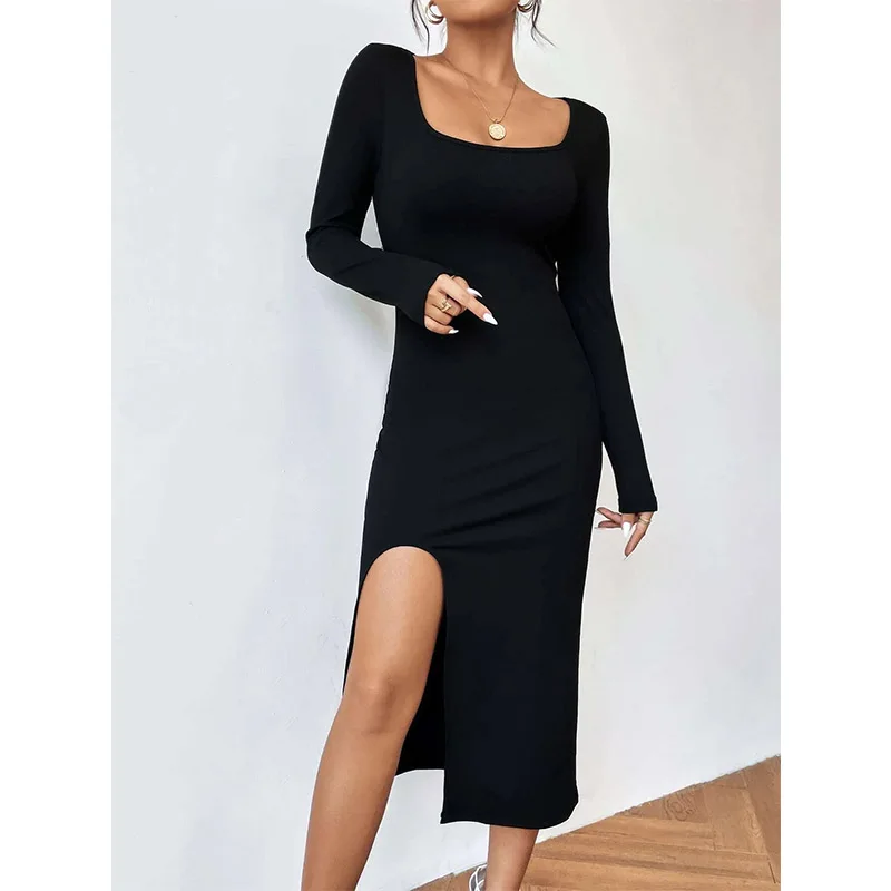 

2023 Gothic Black Bodycon Midi Dress Party Thigh Slit Sexy Women Dresses Halloween Costume Female High Split Clubwear Robe H321