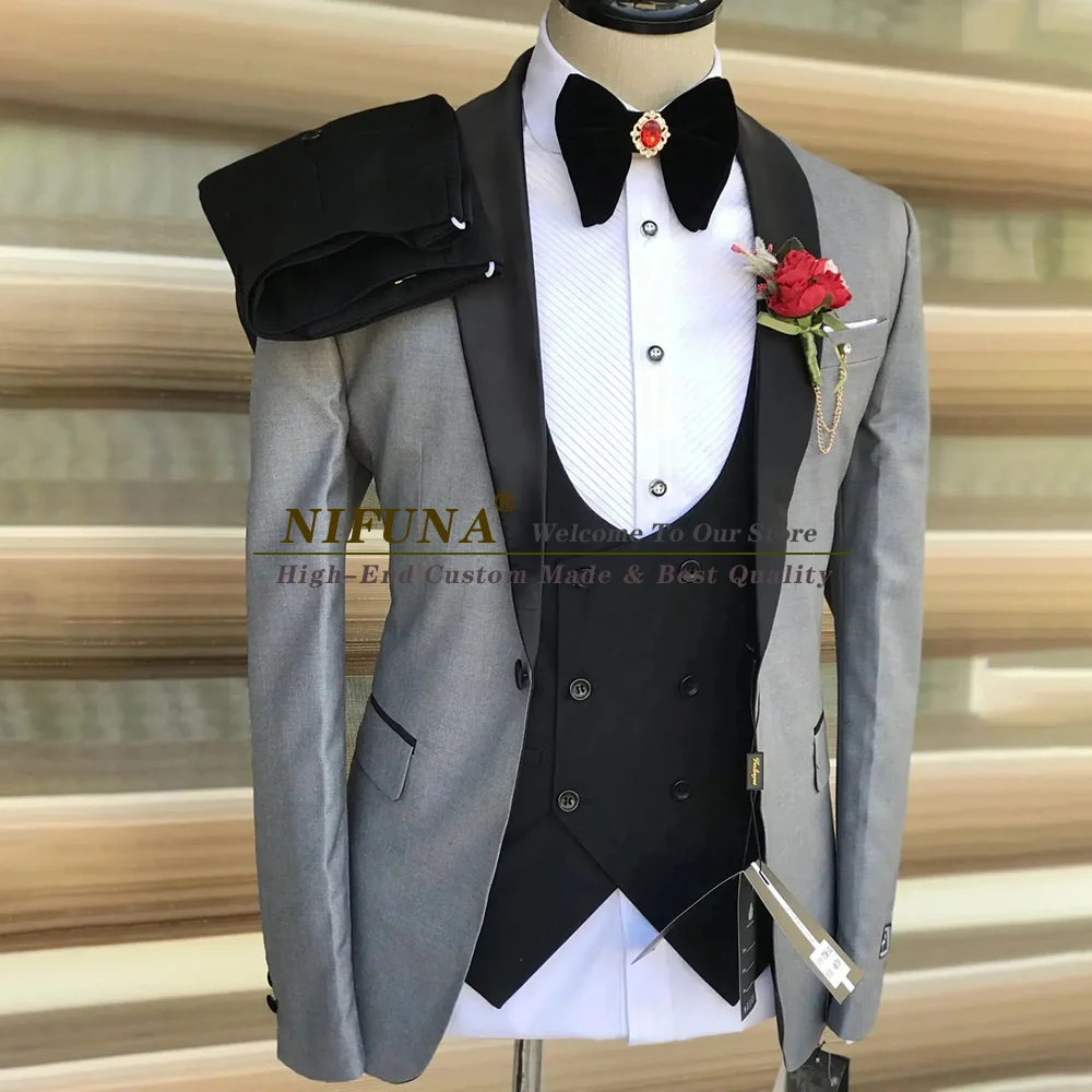 

Latest Designs 3 Piece Grey Male Suit Prom Tuxedo Slim Fit Wedding Suits For Men Fashion Custom Jacket Vest Pants Costume Homme