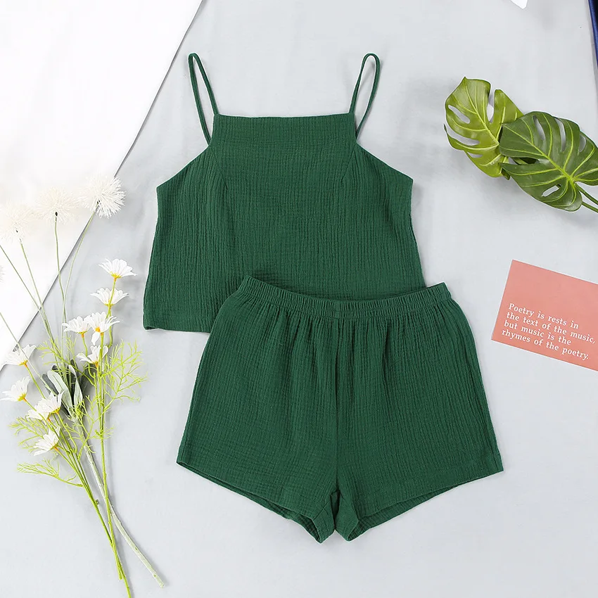 Designer Sleepwear Women Girls Summer Pajama Set Green Color Cami Top Soft Full Cotton Pyjamas Shorts