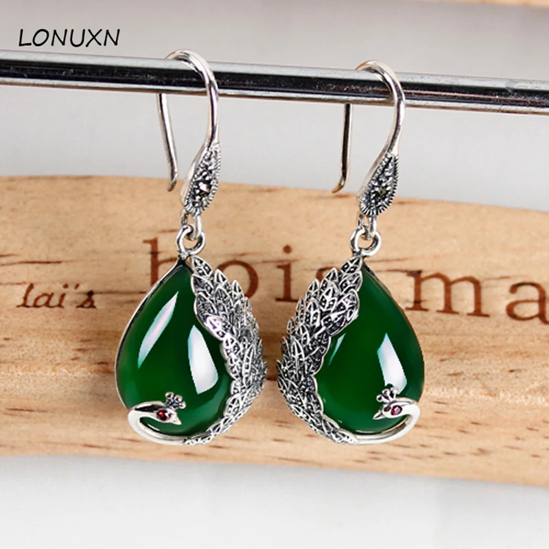 

High Quality Girl Natural Stones Yellow/Green Agate Drop Earrings Vintage 925 Sterling Silver Peacock Female Women Jewelry 3.8cm