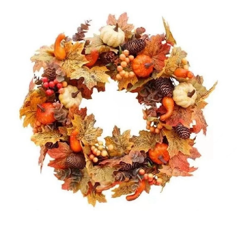 

1 PCS Christmas Halloween Decoration Wreathes Pumpkin Berry Pine Cone Maple Artificial Wreath Diameter About 48CM