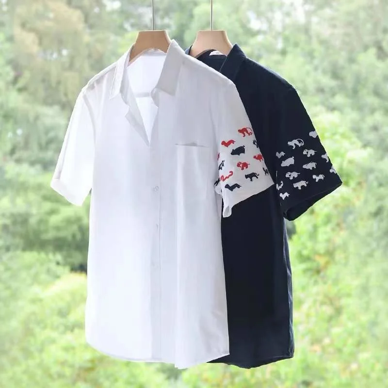 TB THOM Men's Shirt 2022 Summer Fashion Animals Embroidery Design Blouse Cotton Oxford Loose Casual Short Sleeve Lapel Shirts