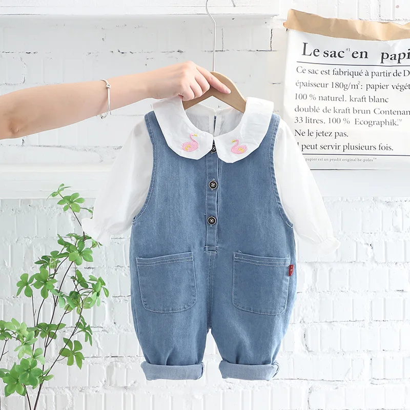 

Autumn Clothing Suit 2022 Girls Clothes Sets New Children Long-Sleeve Embroidered Lapel Top Vest Denim Overalls 2-Piece 1-4 Year