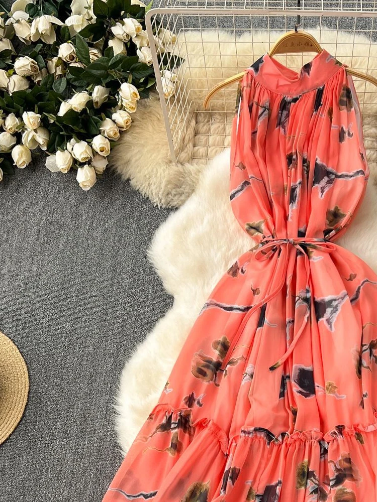 Платье женское шифоновое ТРАПЕЦИЕВИДНОЕ с цветочным принтом без рукавов