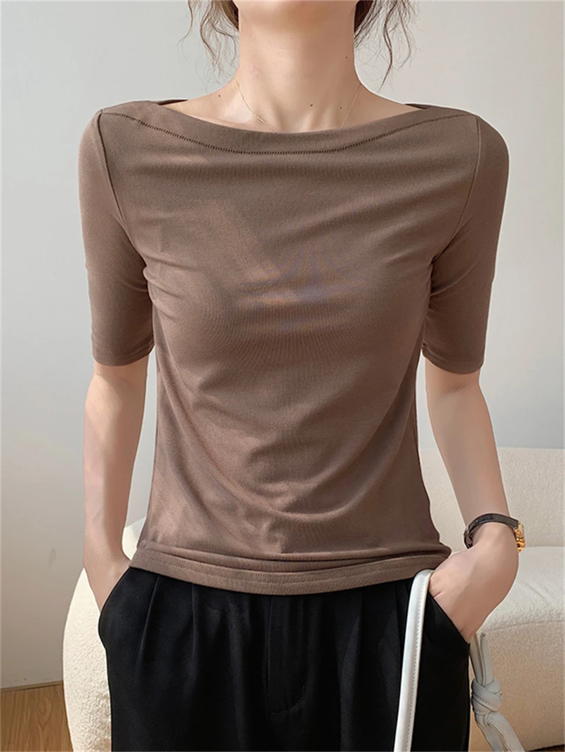 

Spring Summer Women Knitted Half Sleeve T Shirts 2023 Korean Fashion Slash Neck Casual Vintage Tops Slim Fit Elegant Solid Shirt