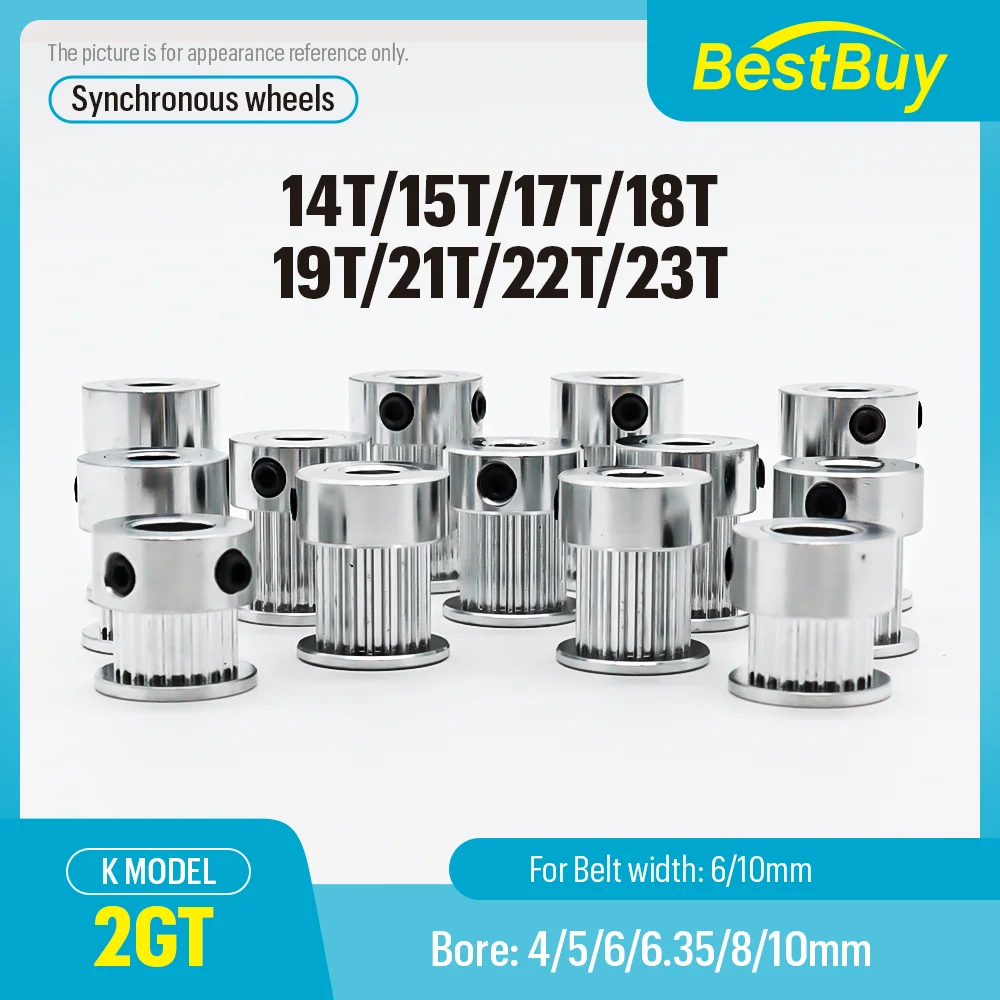 

2GT Шкив ГРМ 14T/15T/17T/18T/19T/21T/22/23T Диаметр 4/5/6/6,35-10 мм Ширина ремня 6/10 мм 3D-принтер GT2 Шкив ремня ГРМ