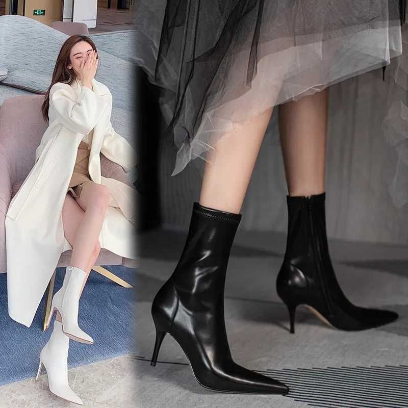 

Net Red Fashion Boots Children 2021 Autumn and Winter New White High-heeled Pointed Single Boots Side Zipper Thin Women's Boots