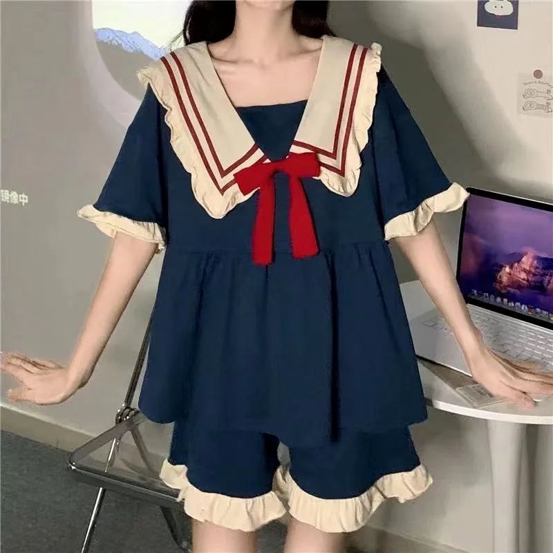 QWEEK Women's Nightgowns Kawaii Princess Style Nightdress Bow Navy Collar Sleepdress Summer Homedress Nightwear Cosplay Cute