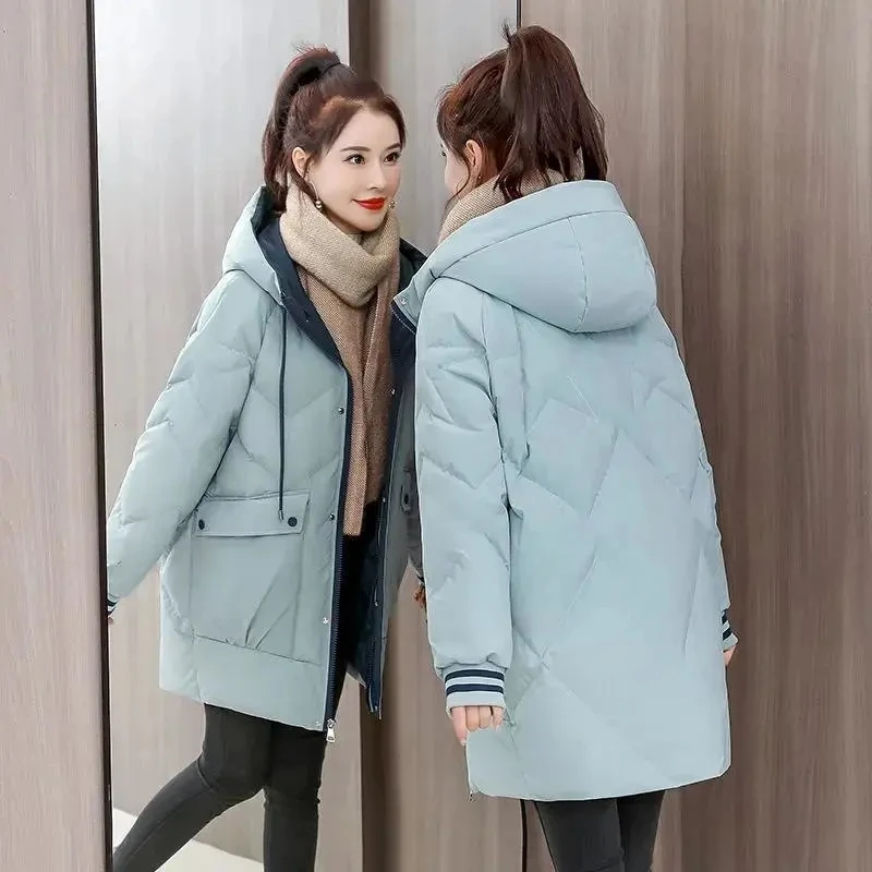 2022 Winter Warm Parkas Jacket Women's Casual Hooded Cotton-Padded Coats Middle-Length Thick Warm Down Coat Parka Korean Jackets