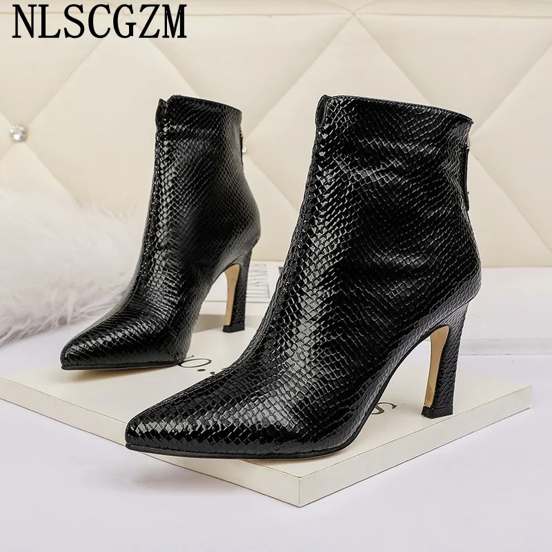 

Сапоги женские на высоком каблуке, черные кожаные ботинки, женские ботильоны, роскошная обувь для женщин, сапоги, 2023
