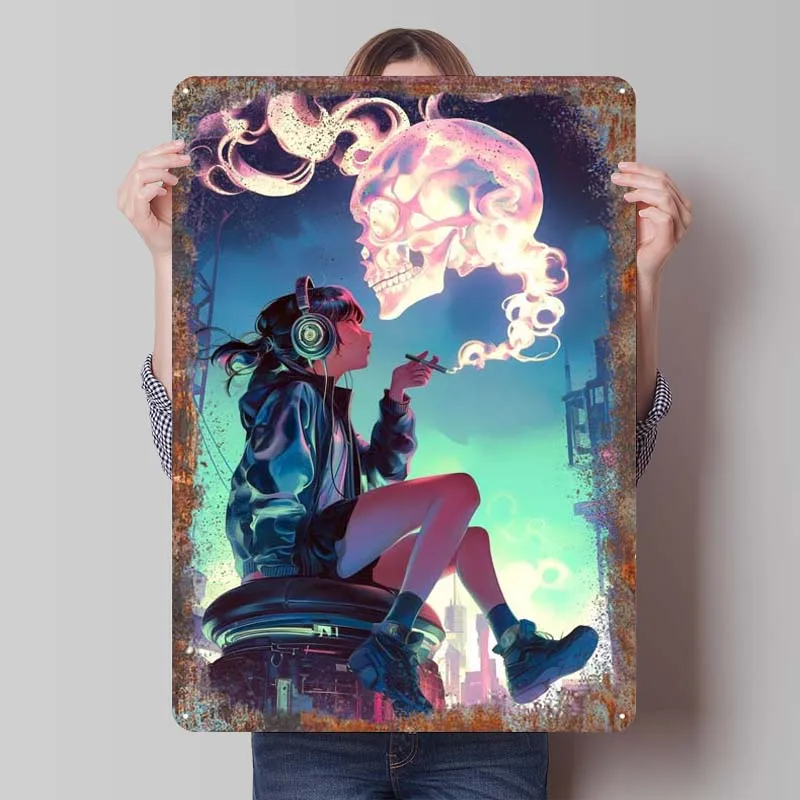 Аниме череп курительная девушка Ржавый металлический постер жестяной знак эльф