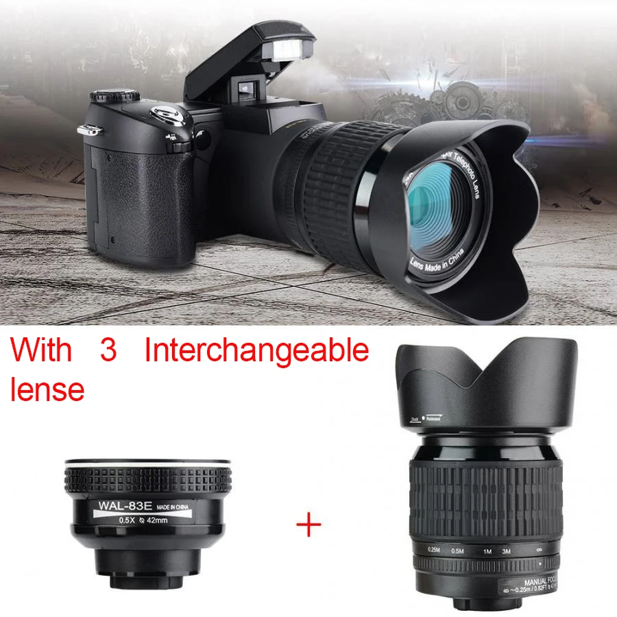 

33 Megapixel Digital Camera Auto Focus Lens, 1080P Video Camera, Continous Shooting 8X Zoom Lens with 3 Interchangeable Lens