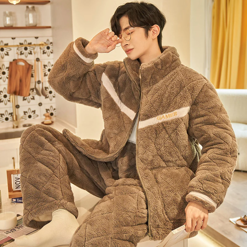

QUHENG Winter Pajama Set for Men Autumn Long Sleeved Thick Warm Flannel Coral Velvet Sleepwear Suit 2 Pieces Chic Home Clothing