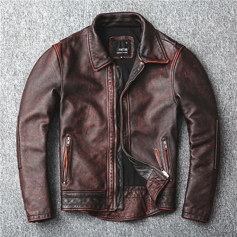 

Top Layer Cowhide Leather Jacket Men Genuine Leisure Corium Coat Vintage Distressed Spring Autumn Motorcycle Swallow Tailed Suit