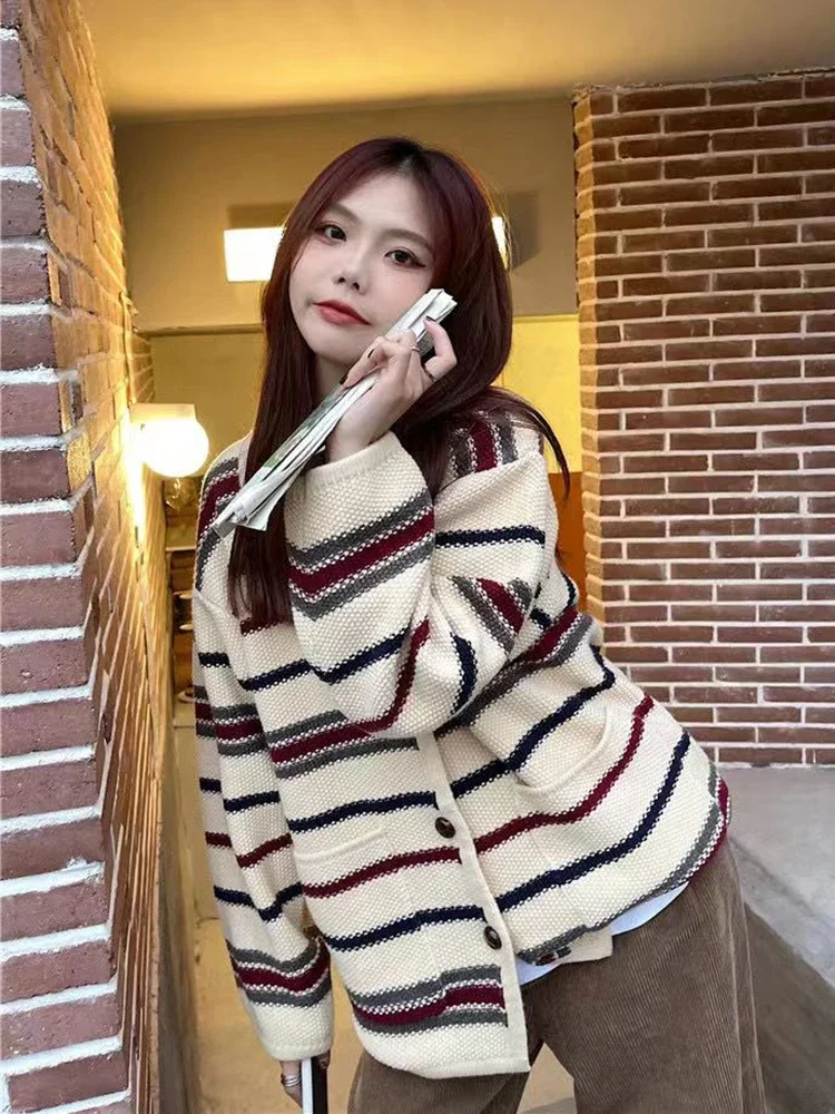 Zoki женский дизайн полосатый кардиган пальто High Street Koren свободный вязаный свитер