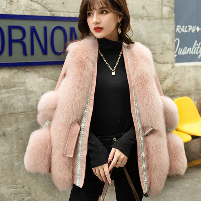 pink fox fur faux Winter New Soft Warm Fox Fur Coat Female V Neck Puff Sleeves Female Luxury Patchwork Coats Clothing  korean