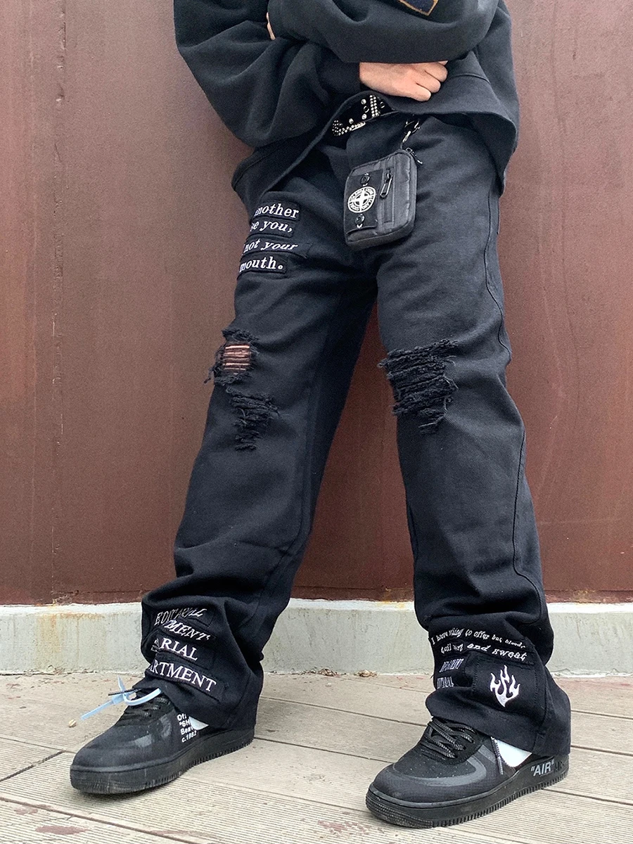 Four Seasons Men's Jeans High Street Trend Harajuku Letter Embroidery Patches Straight Wide Leg Fashion Street Men Ins Hot Sale