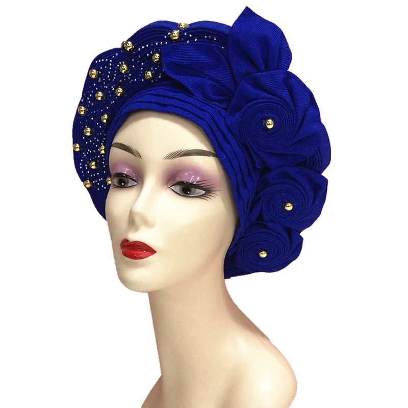 Нигерийский уже изготовленный Gele Headtie золотистый Aso Oke с золотистыми бусинами Auto