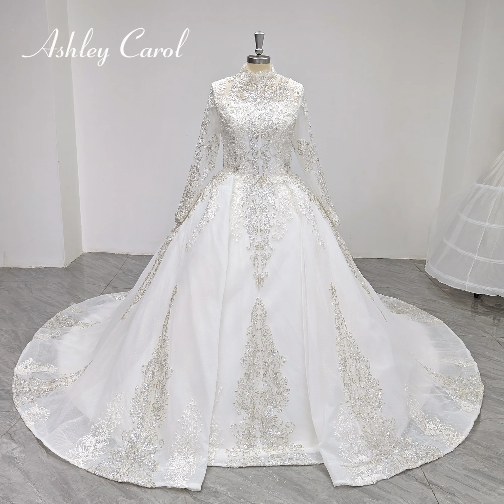 

Ashley Carol Ball Gown Wedding Dress 2024 Real photos HIGH Sequined Semi-Transparent Button Royal Wedding Gown Vestidos De Novia