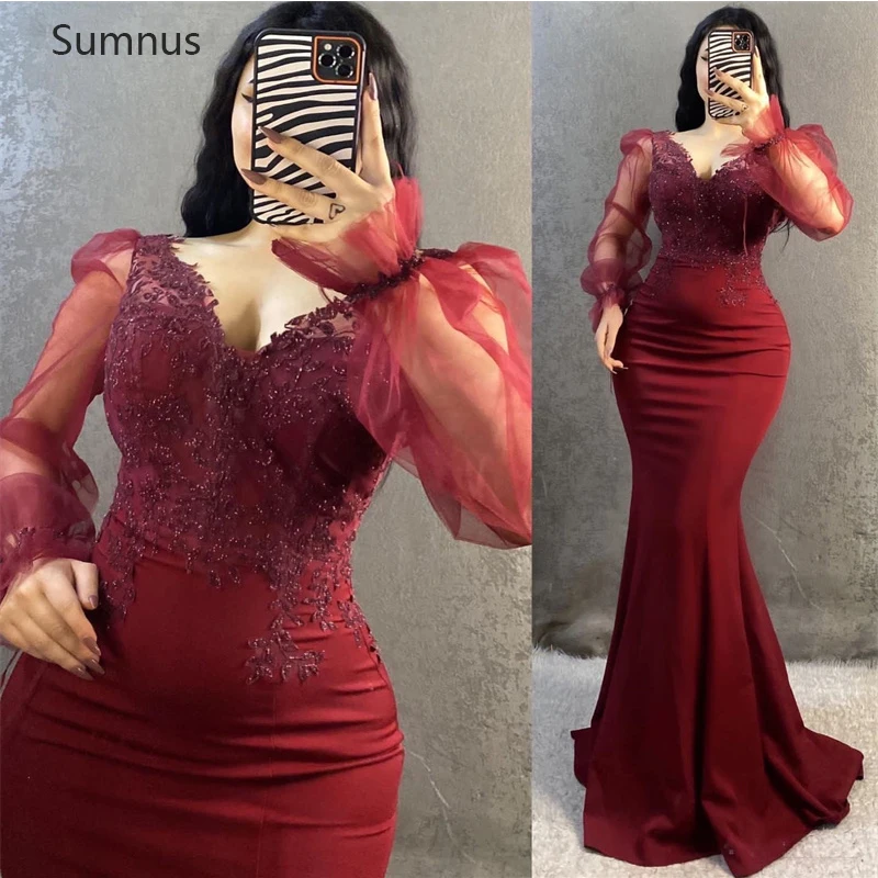 

Sumnus Burgundy Mermaid Evening Dresses Puff Sleeves Beaded Prom Dress See Through Appliques Lace Robe De Soiree De Mariage 2022