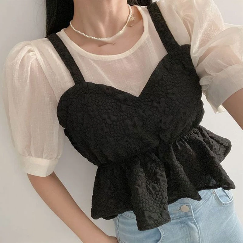 

J GIRLS Vintage Fake Two Piece Woman Shirt Korean O Neck Mesh Patchwork Ruched Ruffles Cropped Top Female Slimming Blouse