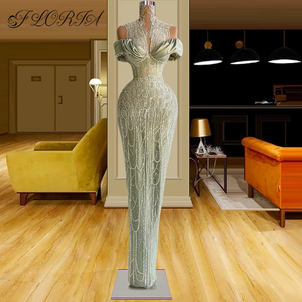Elegant Olive Green Beaded Sequin Evening Dress High Neck Off Shoulder Sleeeve Floor Length Formal Party Gown 2022 vestidos