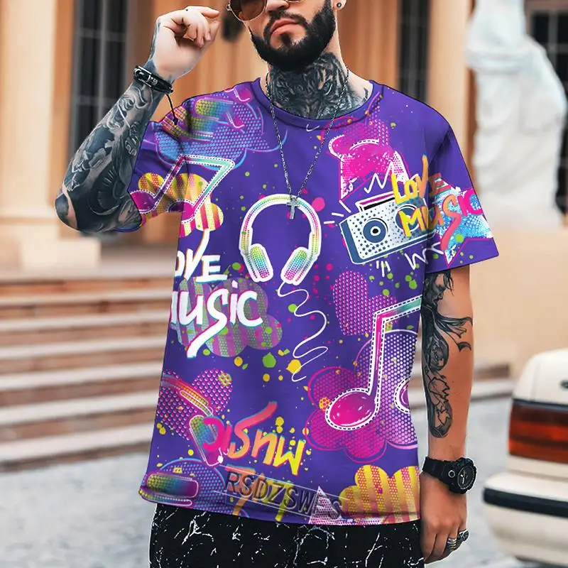 

Newest Men Music Trend Short Sleeve 3D Printed O-Neck Color T Shirt Men Casual Breathable Tee Top All-Match Summer Clothing
