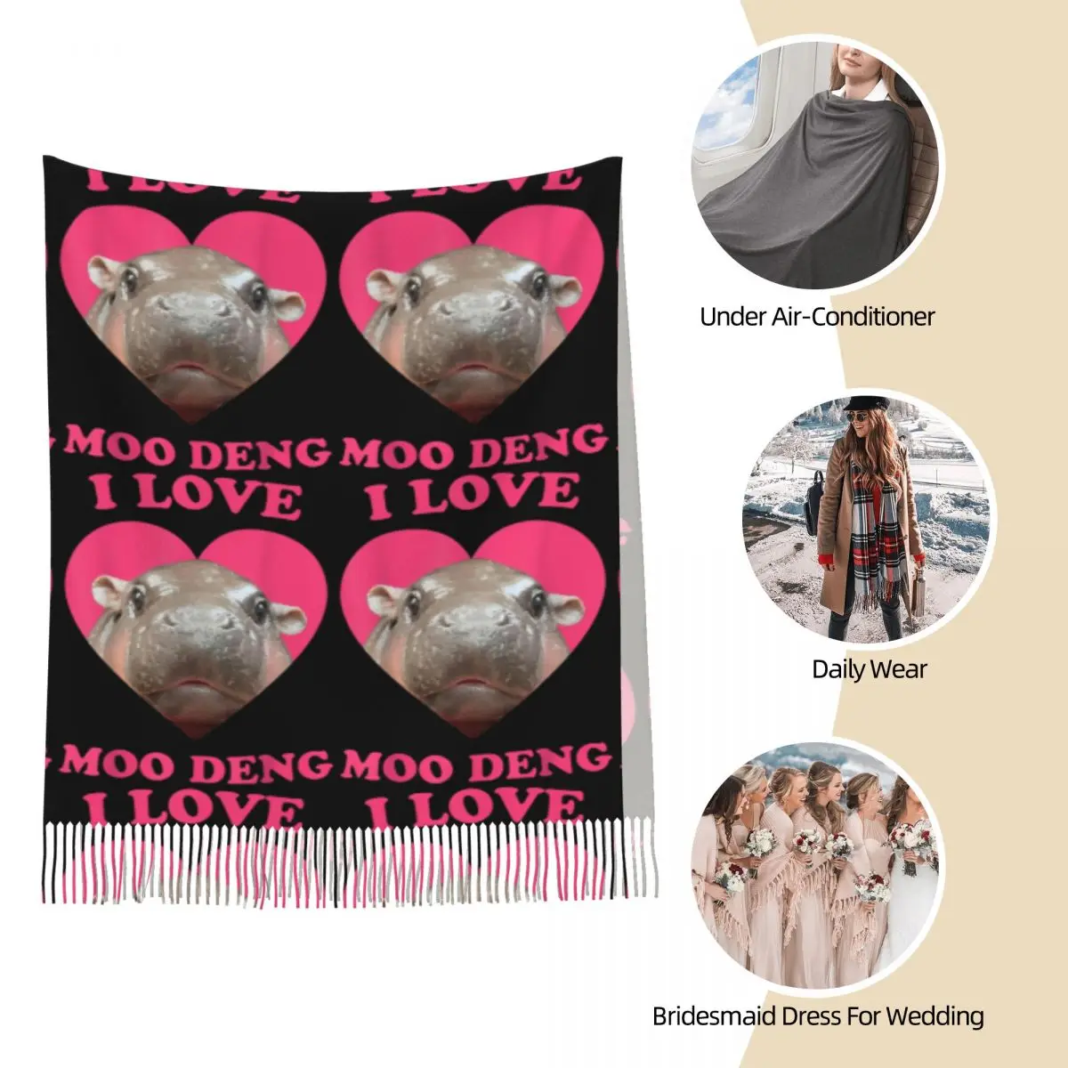 Женский шарф с кисточкой I Love Moo Deng знаменитый ребенок Pigmy Hippo Длинная зимняя
