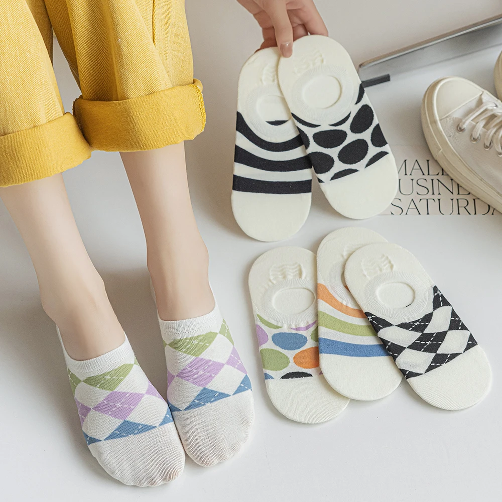 

Boat Socks Women's Spring And Summer Thin Cotton Boneless Cute Polka Dot Rhombus Striped Non-Slip Shallow Mouth Invisible Socks
