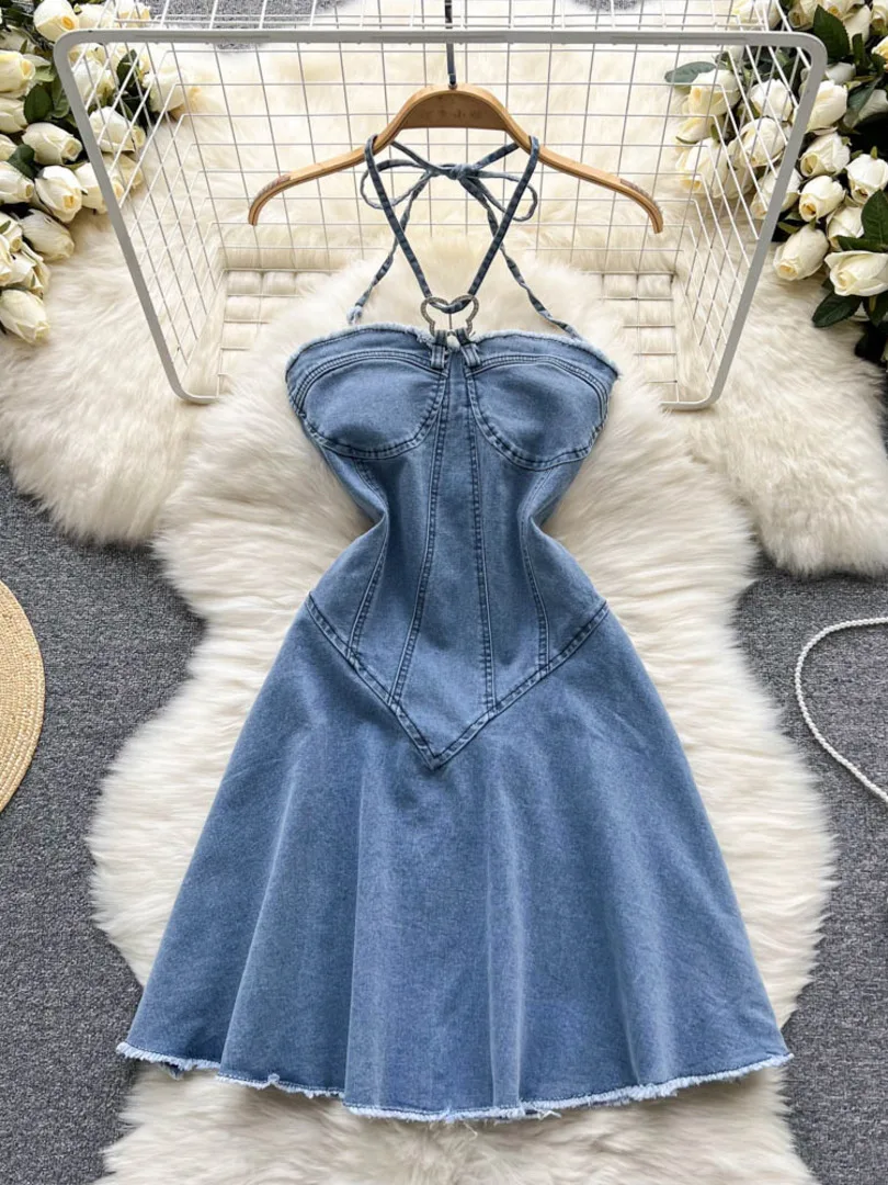 

Retro Style Women Jeans Dress Sexy Strap Lace-up Halter Sleeveless Backless A-line Club Party Mini Dress Elegant Denim Dresses