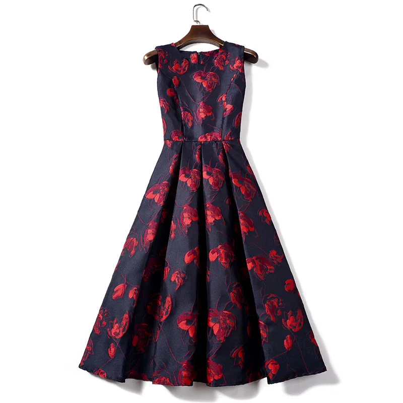 

Runway Summer Women's Bohemia Flower O Neck High Quality Elegant Sleeveless Vest Jacquard Slim Dress Female Vestido