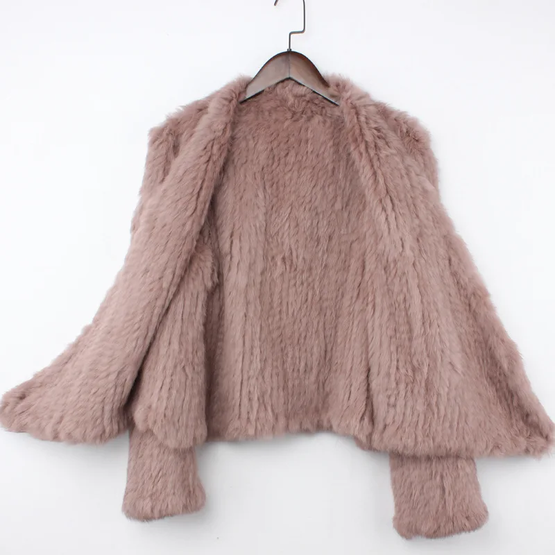 Real Rabbit Fur Knit Cardigan Coat Female Natural Handmade Irregular Collar Overcoat Rabbit Fur Jacket Knitted Outerwear Vest
