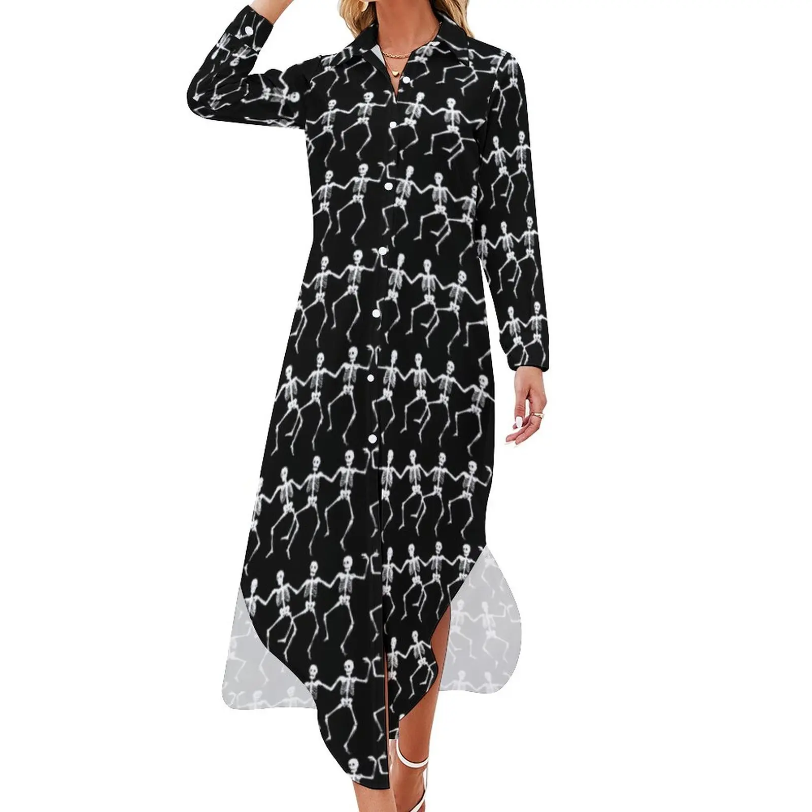 

Dancing Skeleton Chiffon Dress Sexy V Neck Halloween Print Cute Dresses Woman Street Fashion Casual Dress Gift Idea