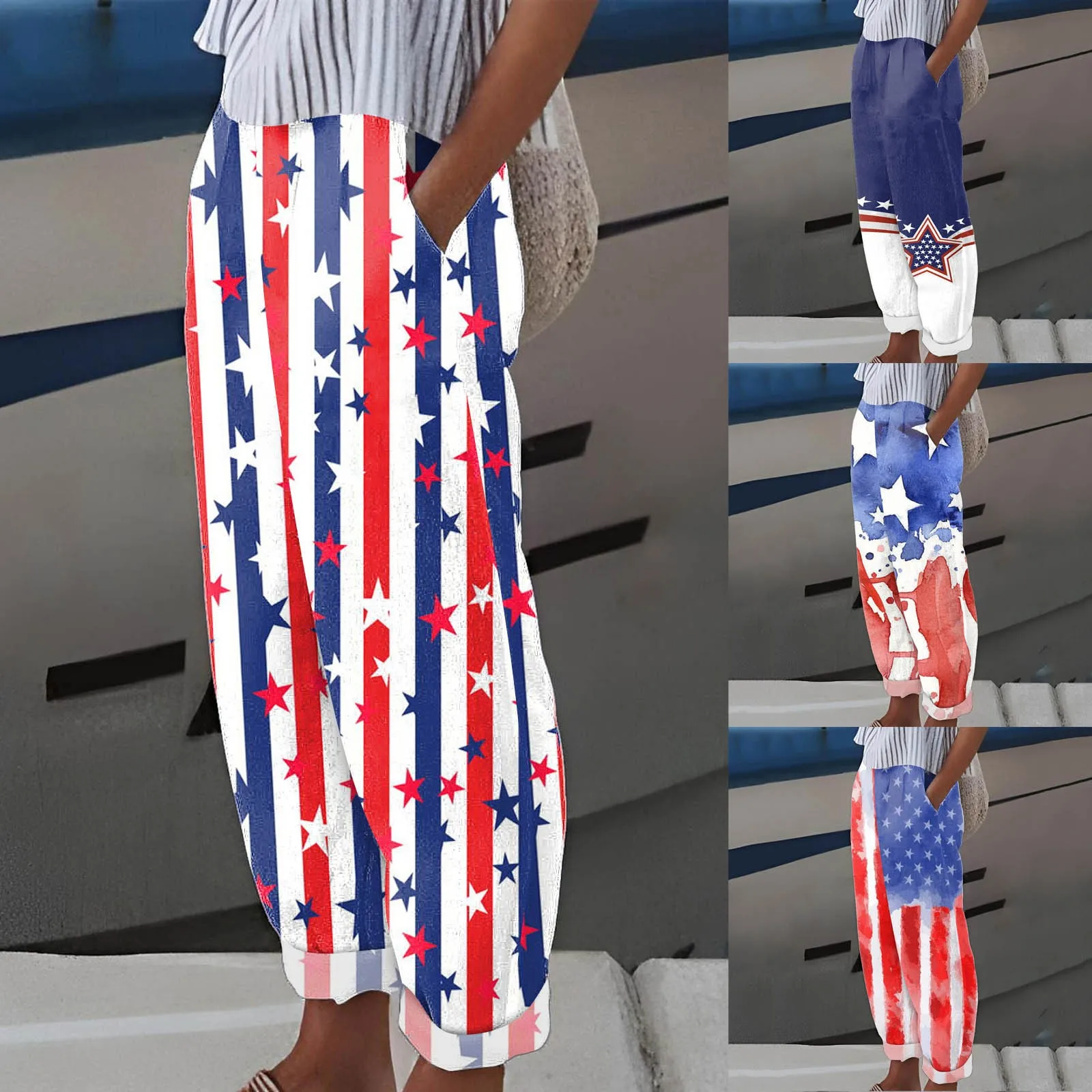 

Женские брюки с американским флагом, свободные брюки с широкими штанинами и карманами