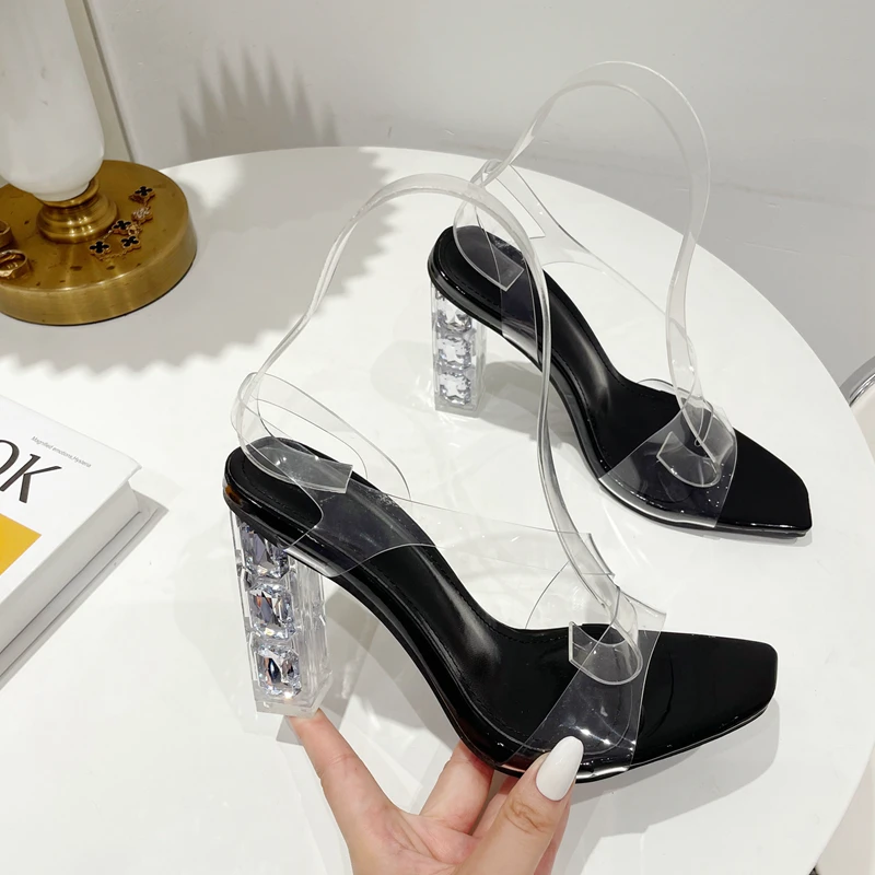 

Сандалии женские прозрачные на высоком тонком каблуке, босоножки с квадратным носком, без застежки, пикантная однотонная Летняя обувь