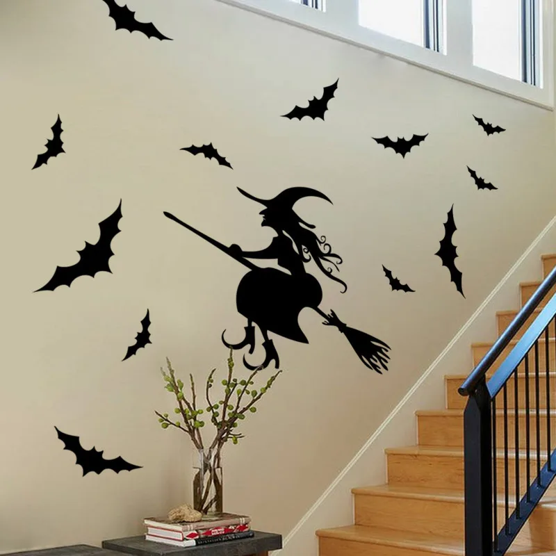 

Halloween Witch Wall Stickers Enchanter Broom A Lot Of Bat Children's Room Background Horrible Wallpaper Removable Room Decor