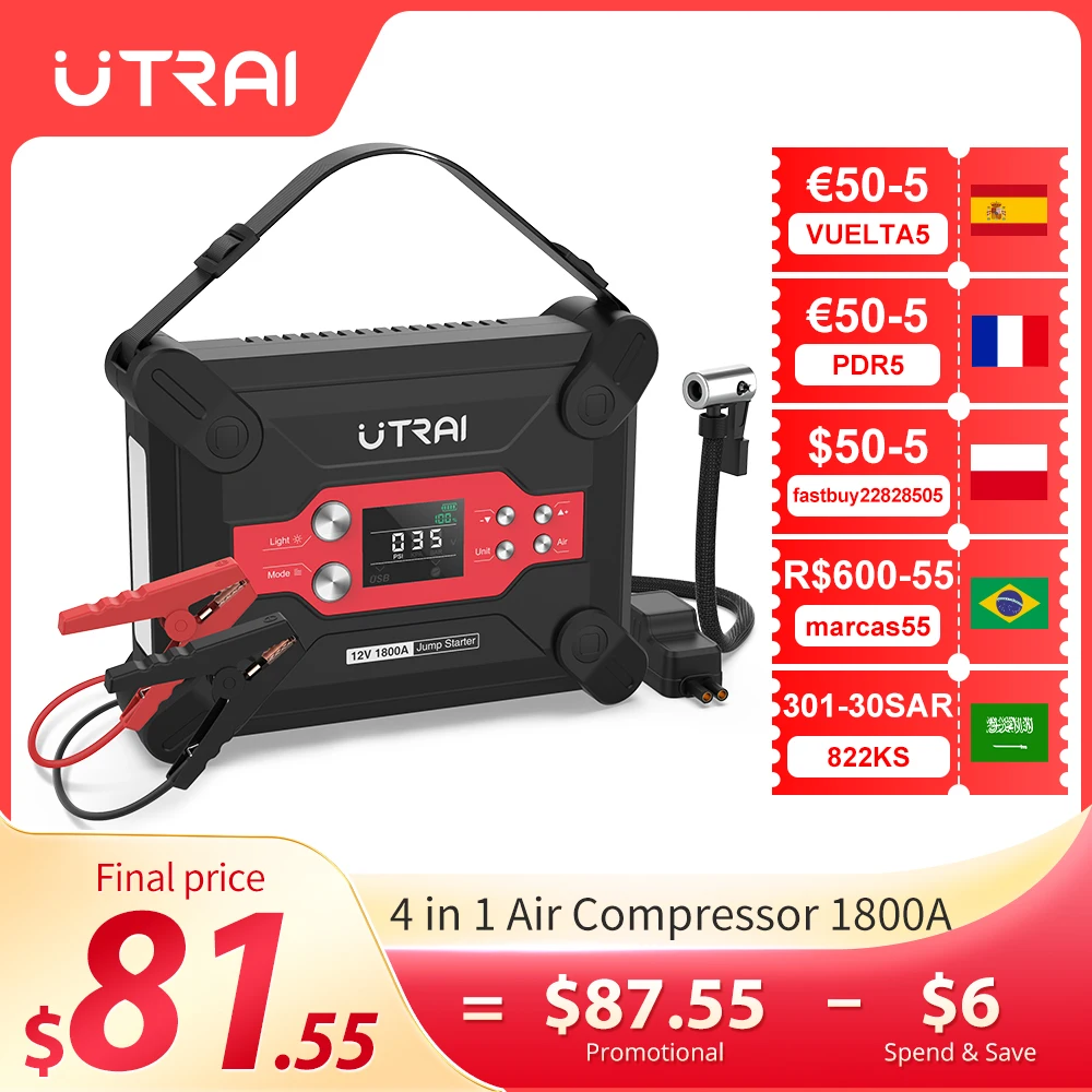 UTRAI Jump Starter 4 in 1 Air Compressor 1800A  Power Bank Portable Battery For Car Emergency Booster Starting Device