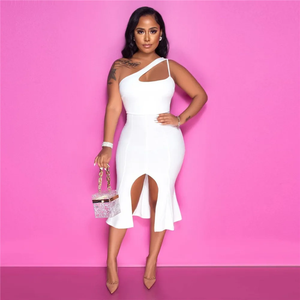 

Spaghetti Strap Formal Dress Sexy Women Split Bodycon Sleeveless Cut Out White Black Ladies Summer Clubwear Midi Dresses Skinny