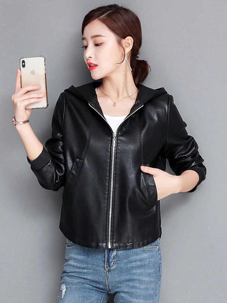 New Women Loose Leather Jacket Spring Autumn Fashion Casual Hooded Zipper Split Leather Outerwear Short Sheepskin Tops Coat