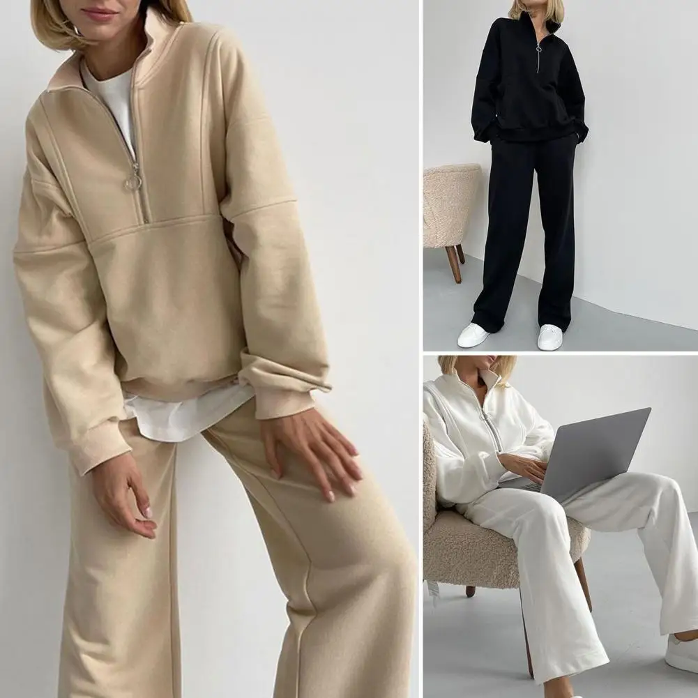 

2022 Autumn Women Two Pieces Set Zipper Collar Loose Long Sleeve Sweatshirts Elastic Waist Straight Long Sweatpants Casual Suit