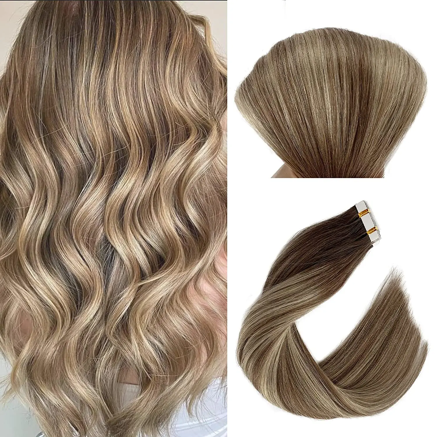 

Balayage Tape in Hair Extensions Human Hair Seamless Ombre Ash Brown Mixed Bleach Blonde Remy Human Hair Tape in Extensions 50g