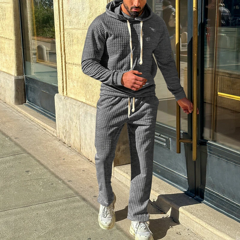 New Stlye Men's Hoodie 2pcs Set Hollow Plaid Quilted Cotton Hoodies Fabric Pullover Hooded Hoody Sweatshirt Hoodies Suit