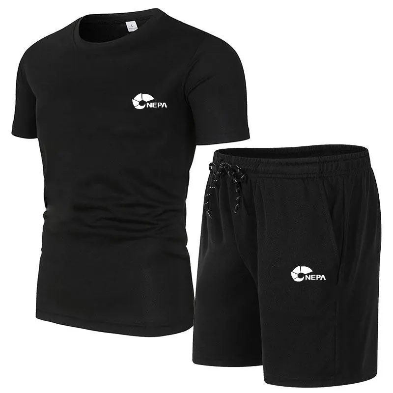 

Мужской спортивный костюм для фитнеса, Повседневная футболка и шорты из дышащего материала, комплект спортивной одежды из двух предметов, л...