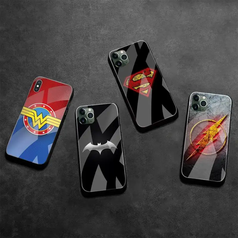 

The Flash Batman Superman Wonder Woman badge Phone Case Tempered Glass For iPhone 13 12 Mini 11 Pro XR XS MAX 8 X 7 Plus SE 2020