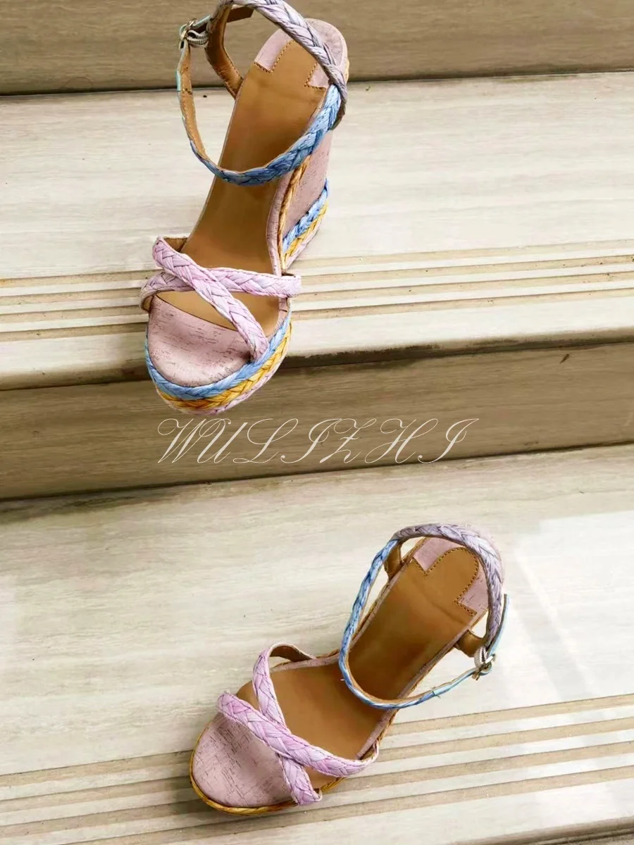 Women's Pink Woven Wood Pattern Wedge Sandals New Watermelon Color Open Slingback Platform Heels Cute Espadarille Fashion Shoes