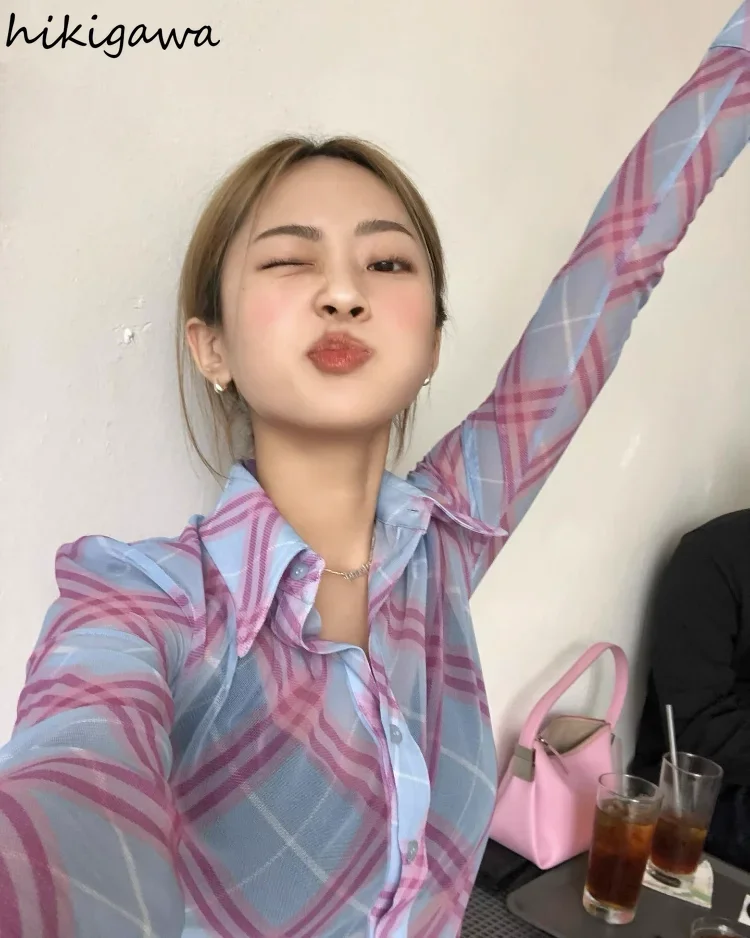 Летняя блузка для женщин модные клетчатые просвечивающие рубашки 2023 женские